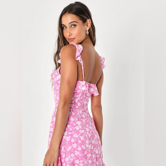 Livi Pink Floral Print Ruffled Skater Dress - Picture 2 of 8